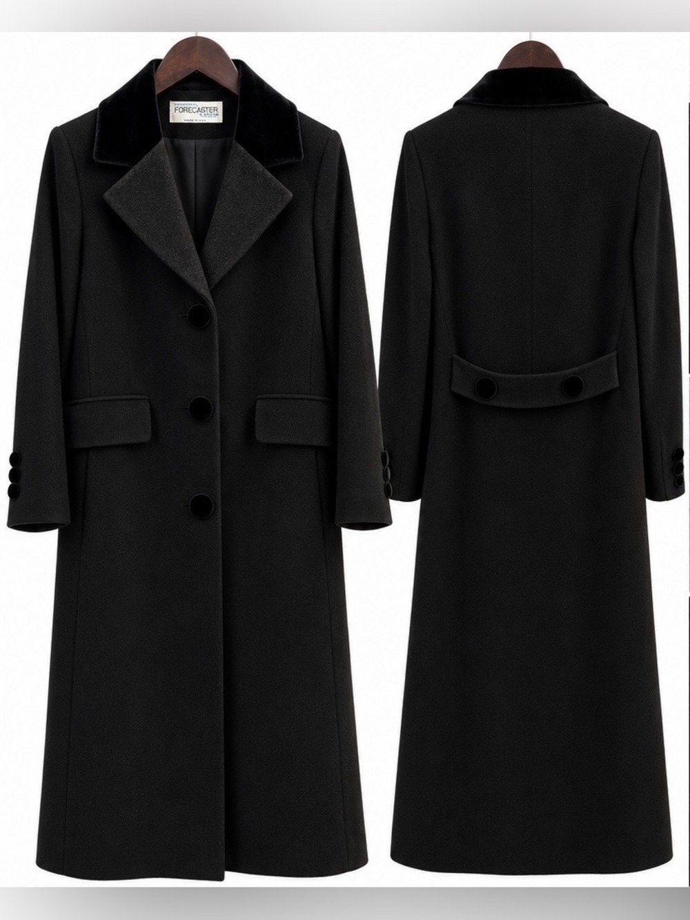 Forecaster Boston  Black Wool Coat Velvet Collar Buttons Made USA Old Money Sz 2